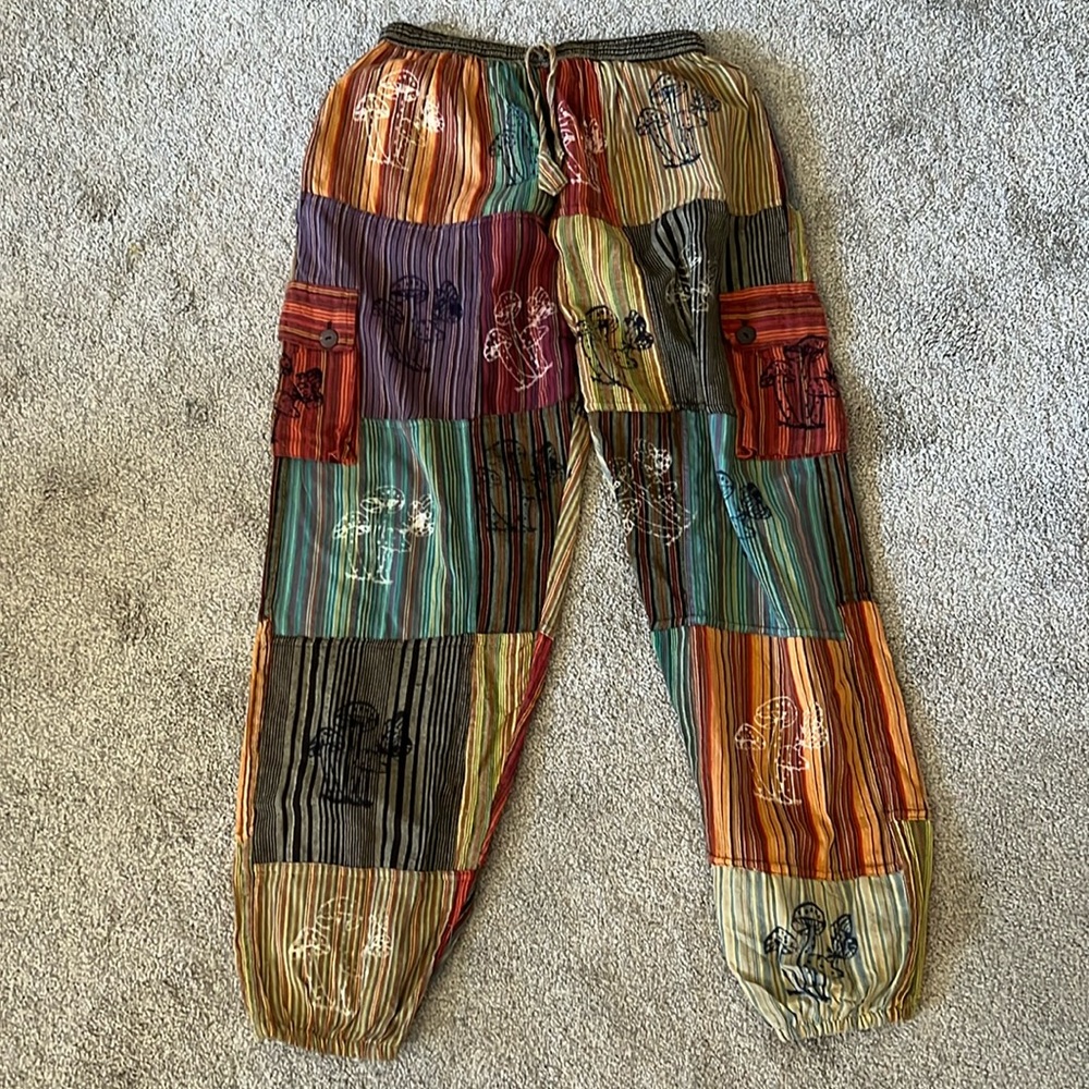 NWOT Jayli Mushrooms 5 Pockets Medium Patchwork Cargo Festival Boho Cotton Pants